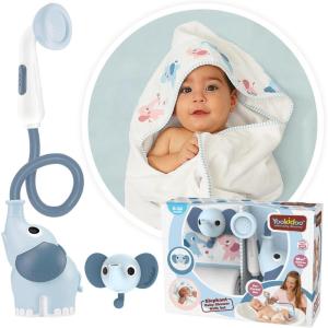imageYookidoo Baby Bath Elephant Shower Head Gift Set  Includes Hooded Towel ampamp Hanger  Control Water from 2 Elephant Trunk Knobs for Max Fun in Tub or Sink Newborns Toddlers Boys Girls Blush PinkCloudy Blue
